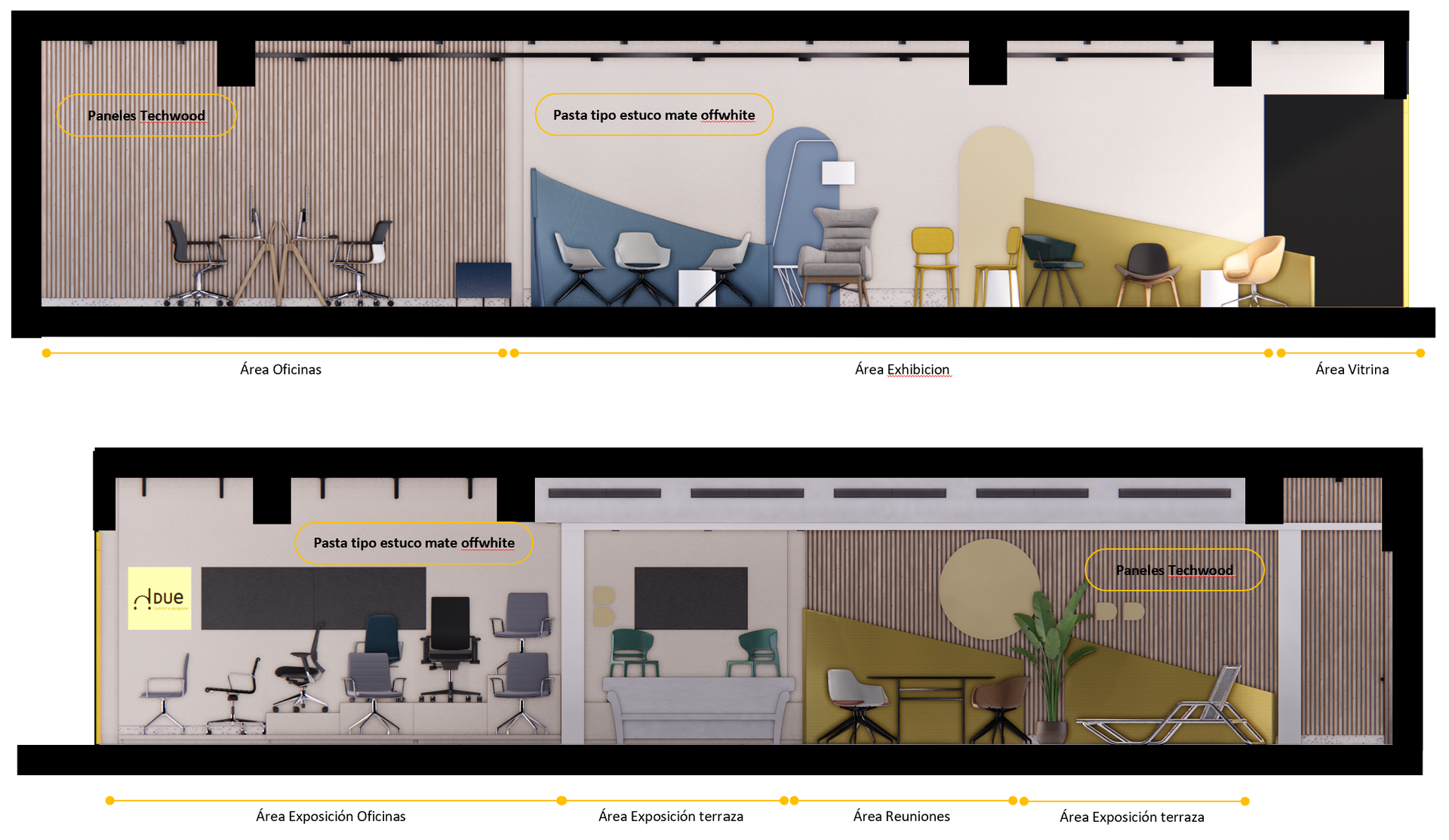 Un par de dibujos de una habitación con sillas y mesas.