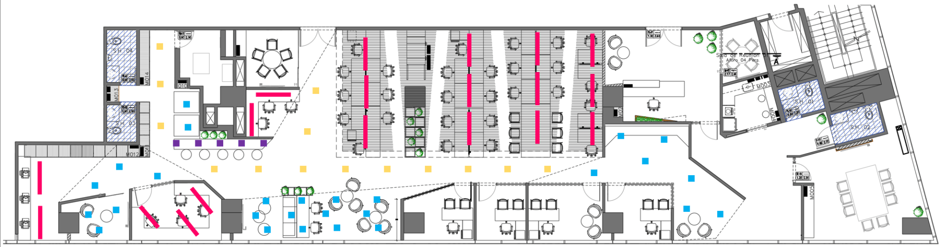 Un plano de un edificio con muchos puntos.