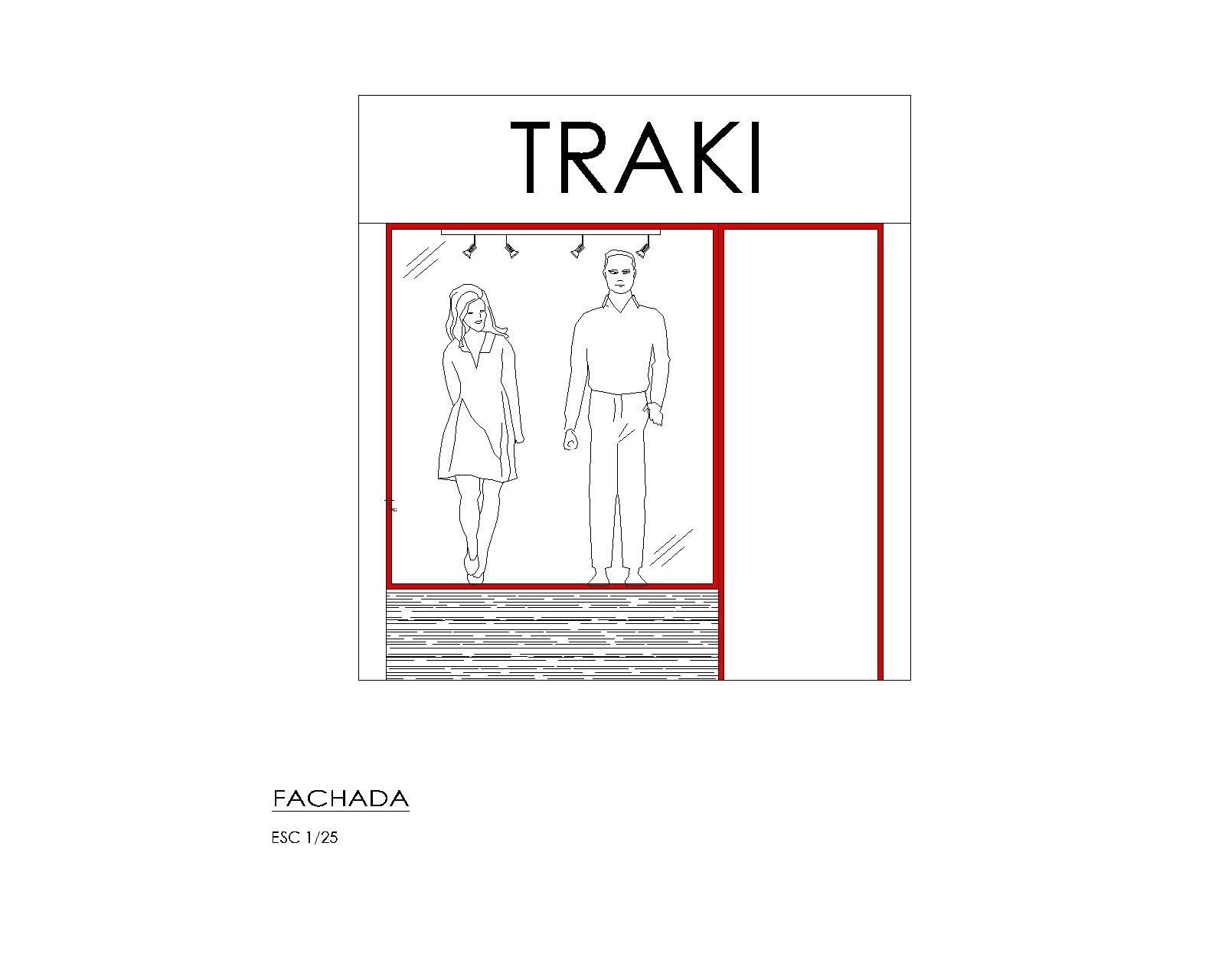 Un dibujo de un edificio con la palabra traki en él.