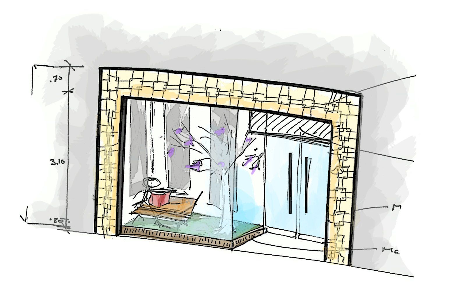 Un dibujo de una habitación con chimenea y puertas corredizas de vidrio.