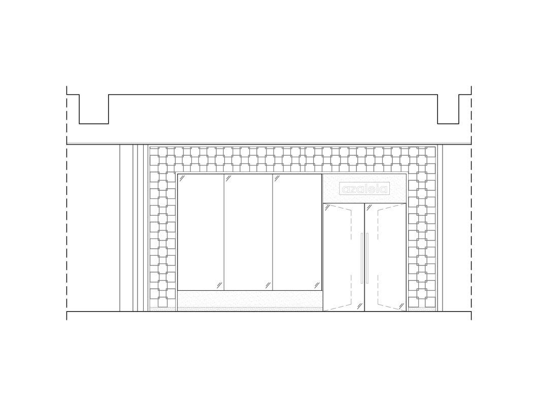 Un dibujo en blanco y negro de un edificio con una pared de ladrillos y puertas corredizas de vidrio.