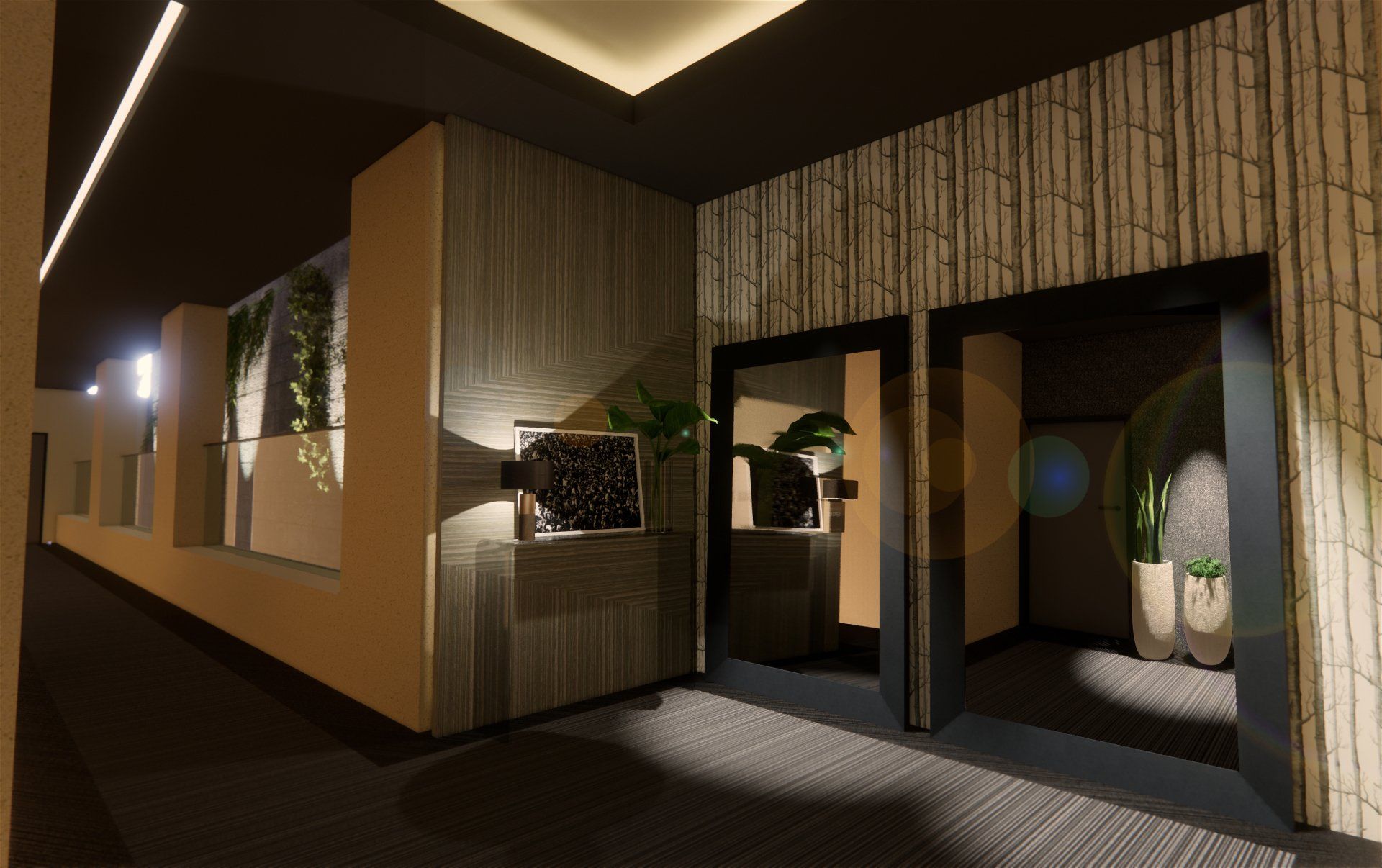 Un pasillo con muchas ventanas y puertas en un edificio.