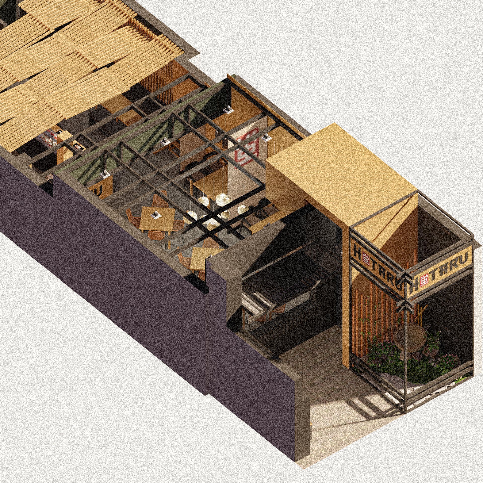 Una vista isométrica de un edificio con un cartel que dice 