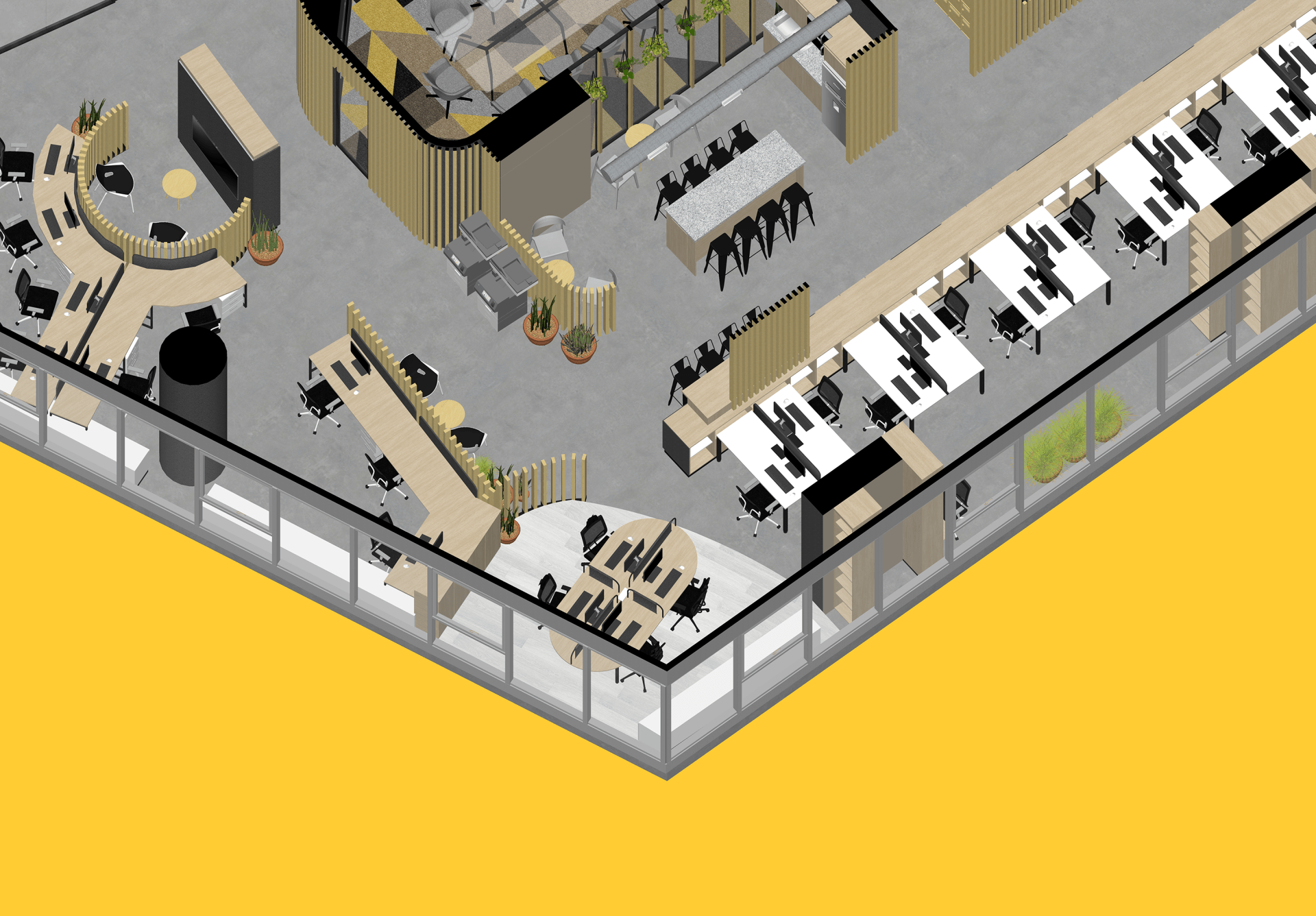 Una vista isométrica de una oficina con muchos escritorios y sillas.