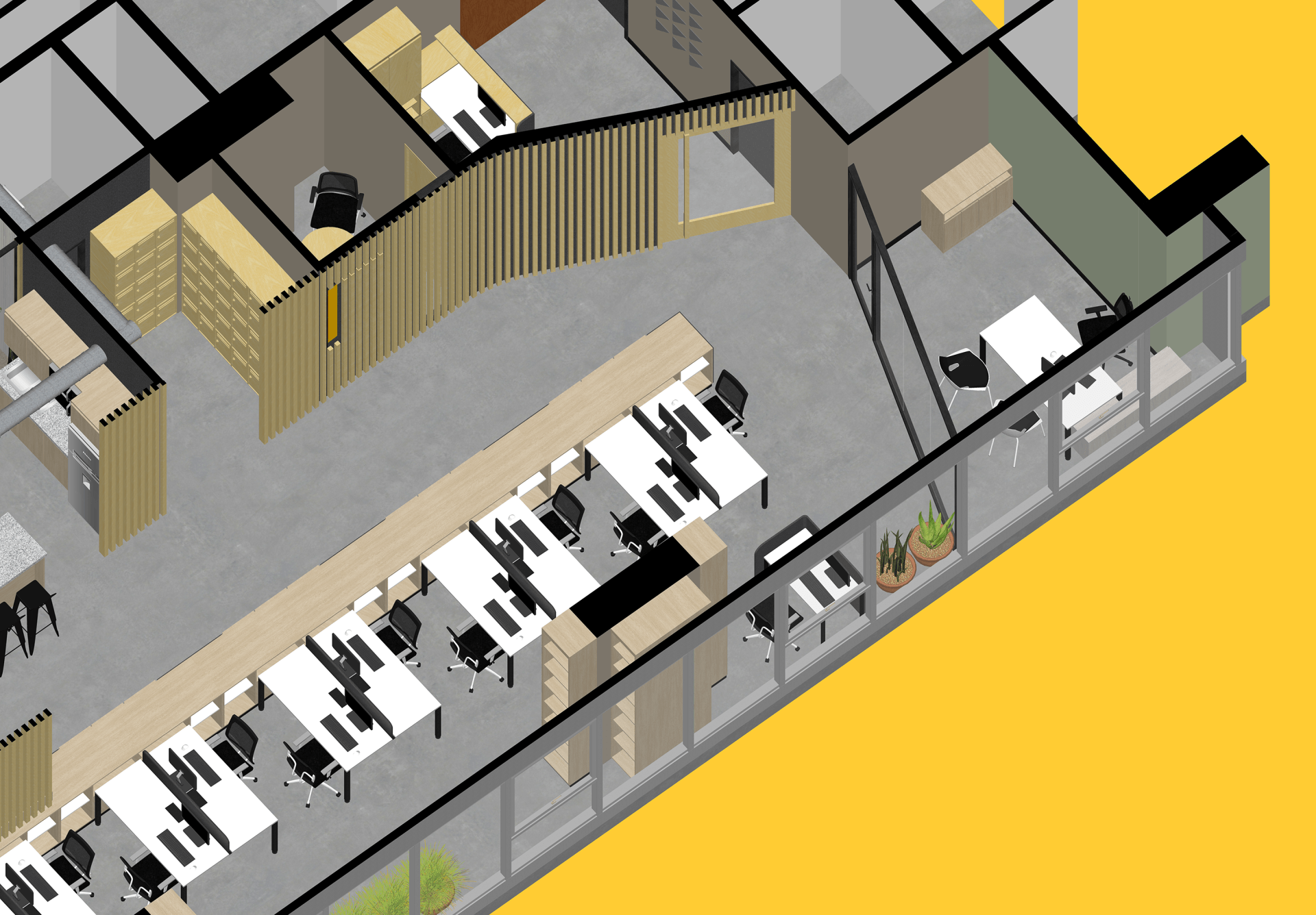 Una vista isométrica de un edificio con mesas y sillas.