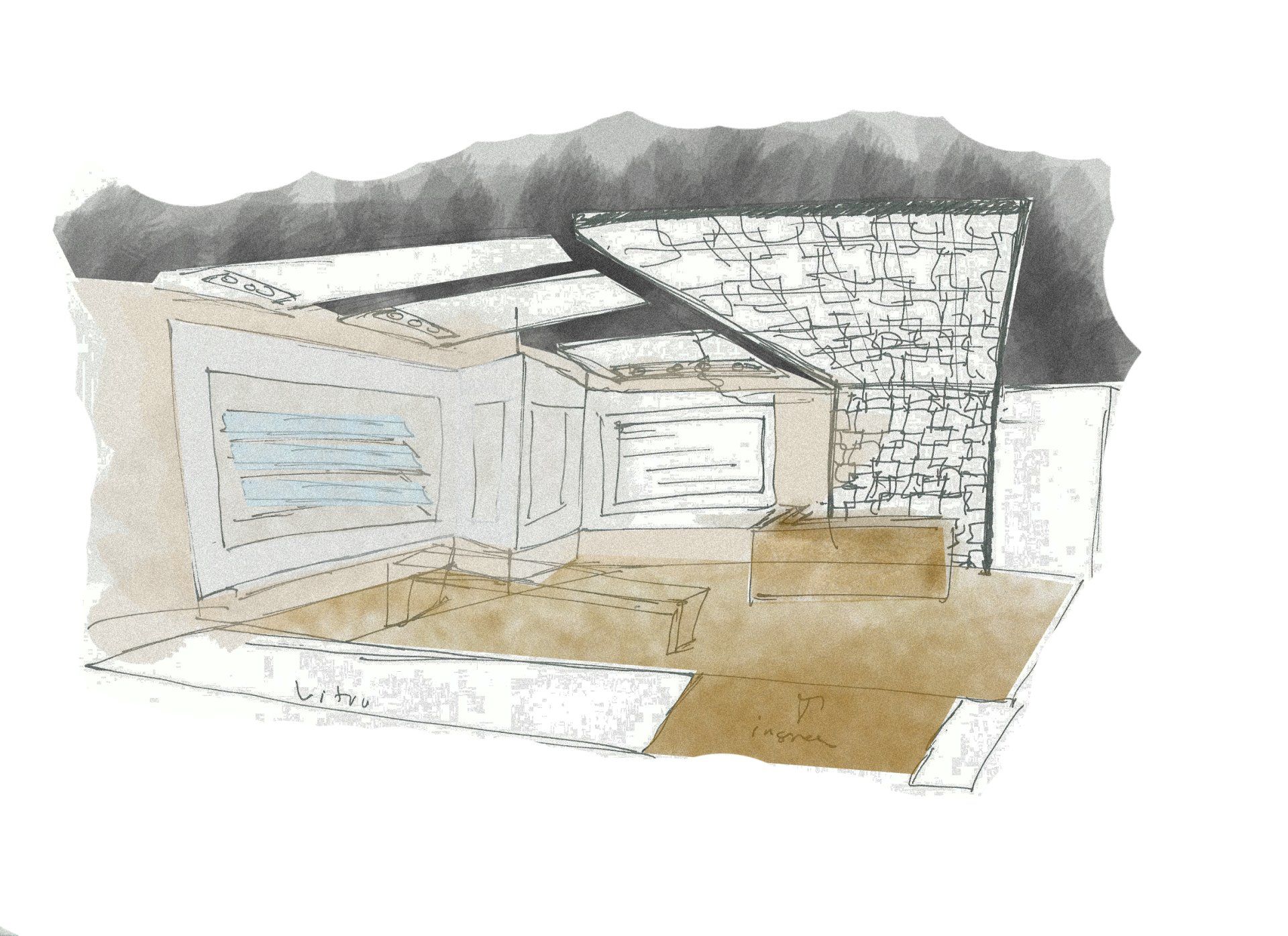 Un dibujo de una casa con techo y patio.