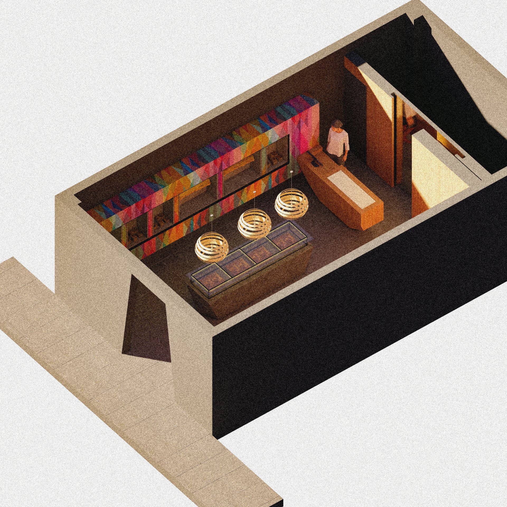 Una vista isométrica de una tienda con un hombre parado en el mostrador.