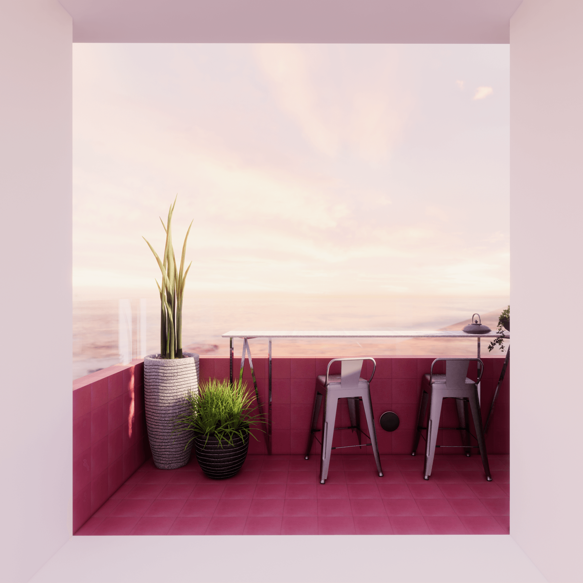 Un balcón con una mesa y sillas y una planta en maceta.