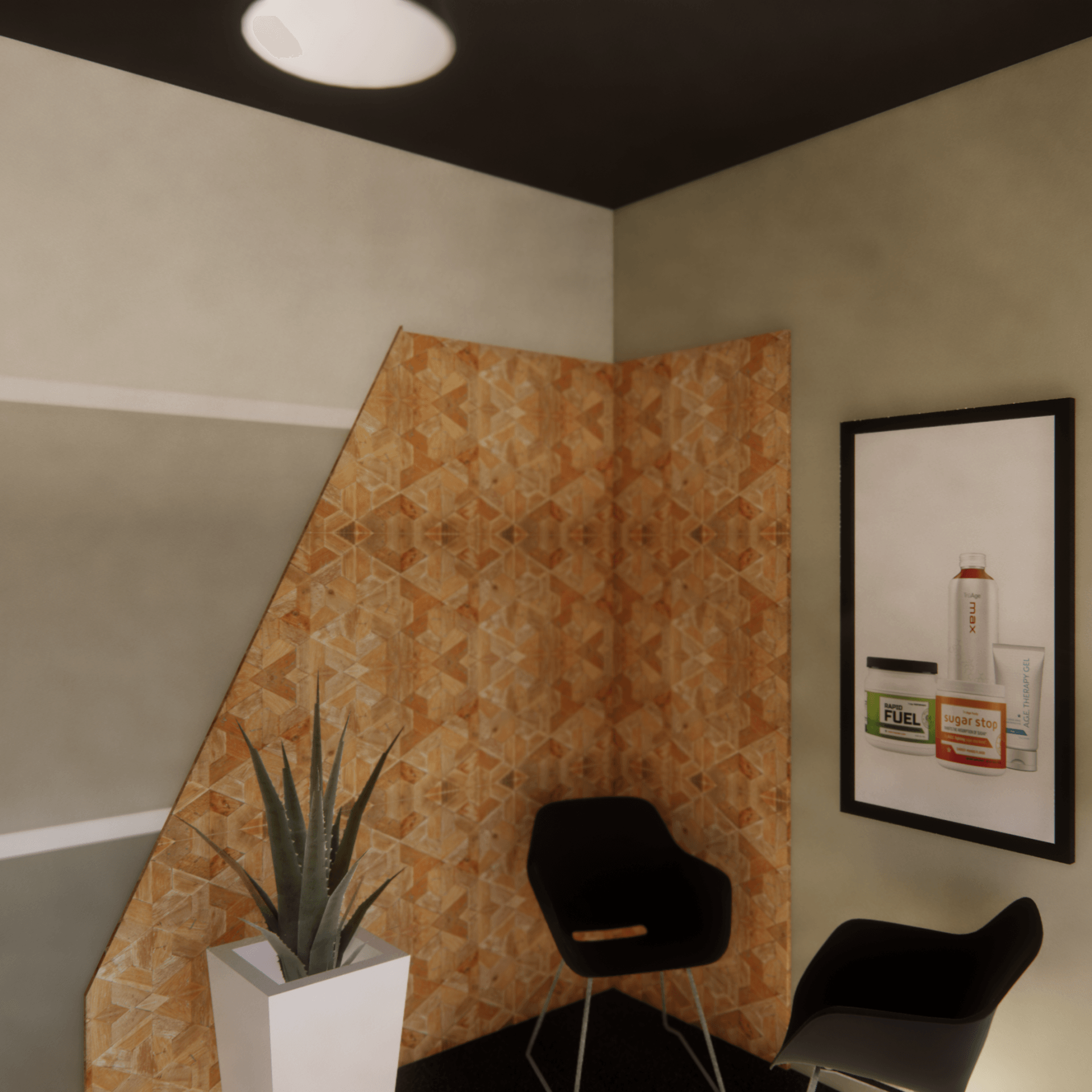 Un rincón de una habitación con una silla y una planta en maceta.