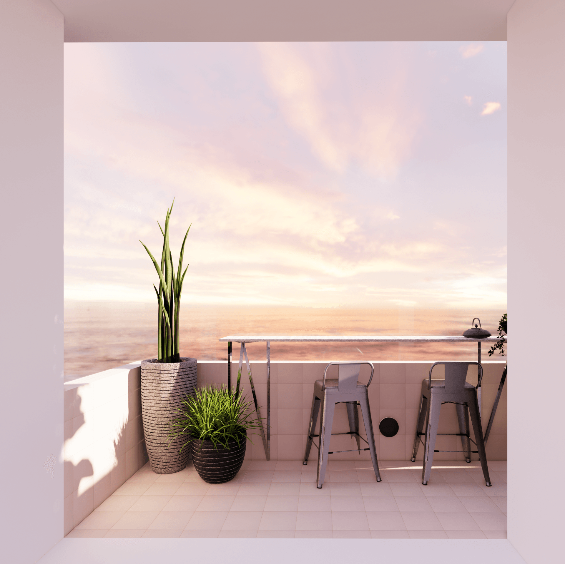 Un balcón con vista al mar y una planta en maceta.