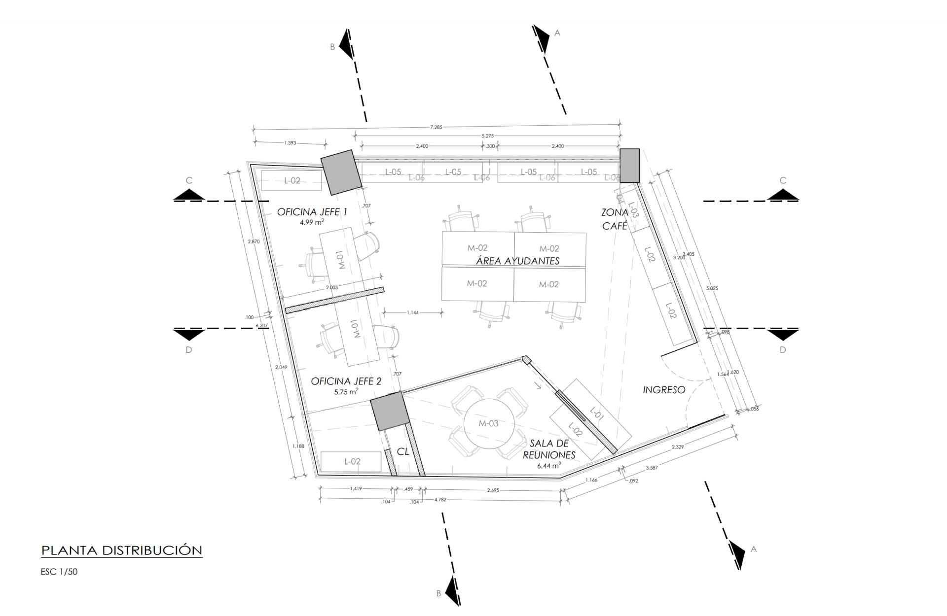 Un plano en blanco y negro de un edificio con flechas que apuntan en diferentes direcciones.