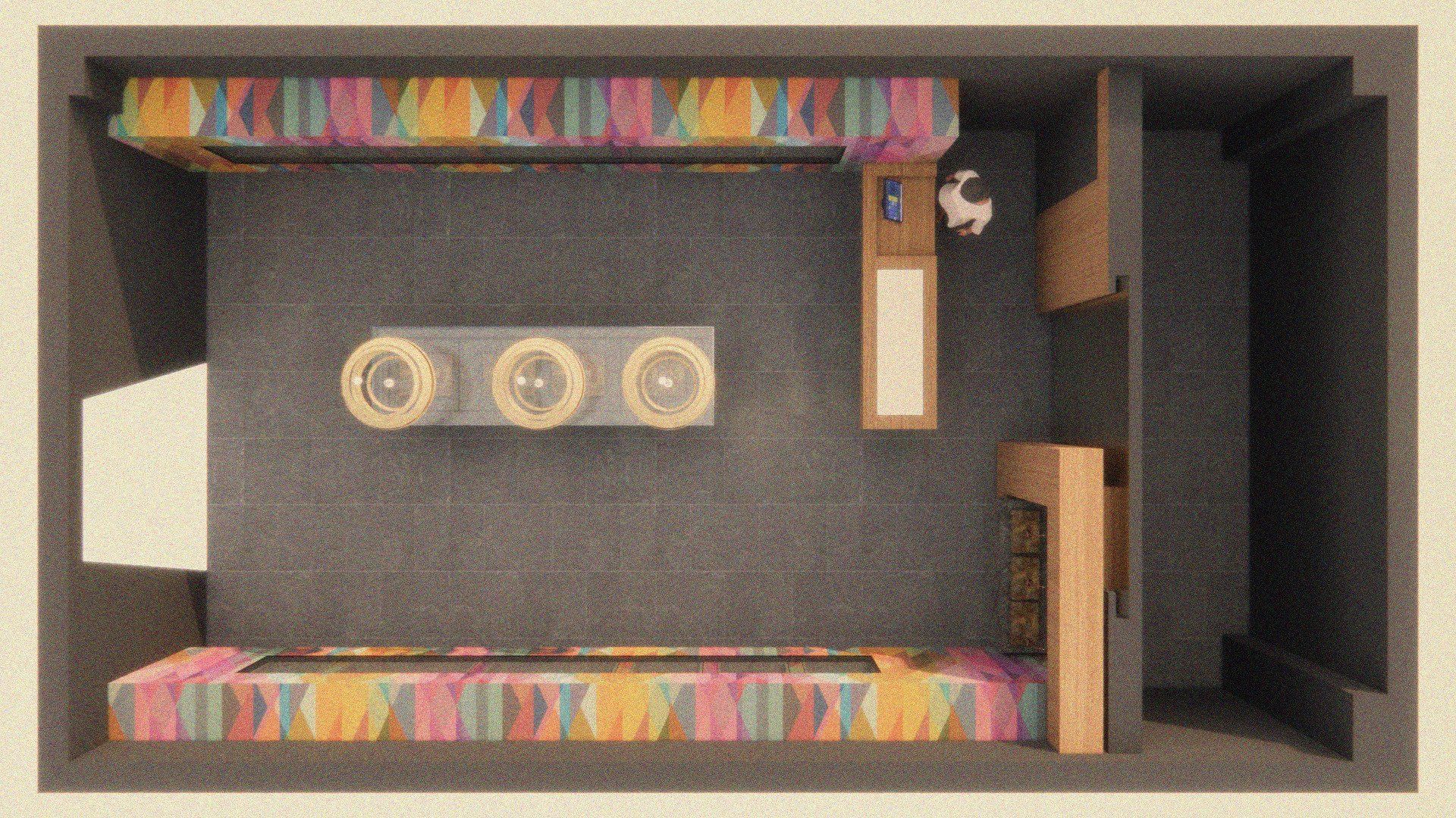 Una vista aérea de una habitación con muchos libros en el suelo.