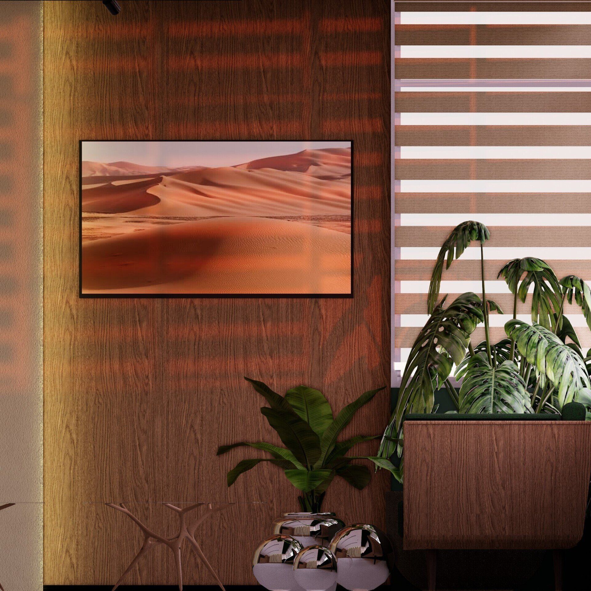 Una imagen de un desierto está colgada en una pared al lado de una ventana.