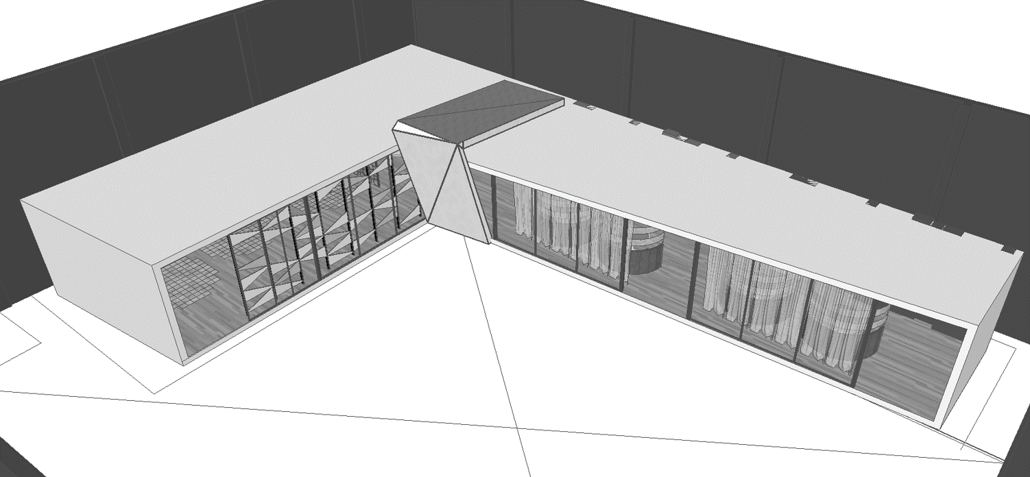 Un dibujo en blanco y negro de un edificio con muchos estantes.