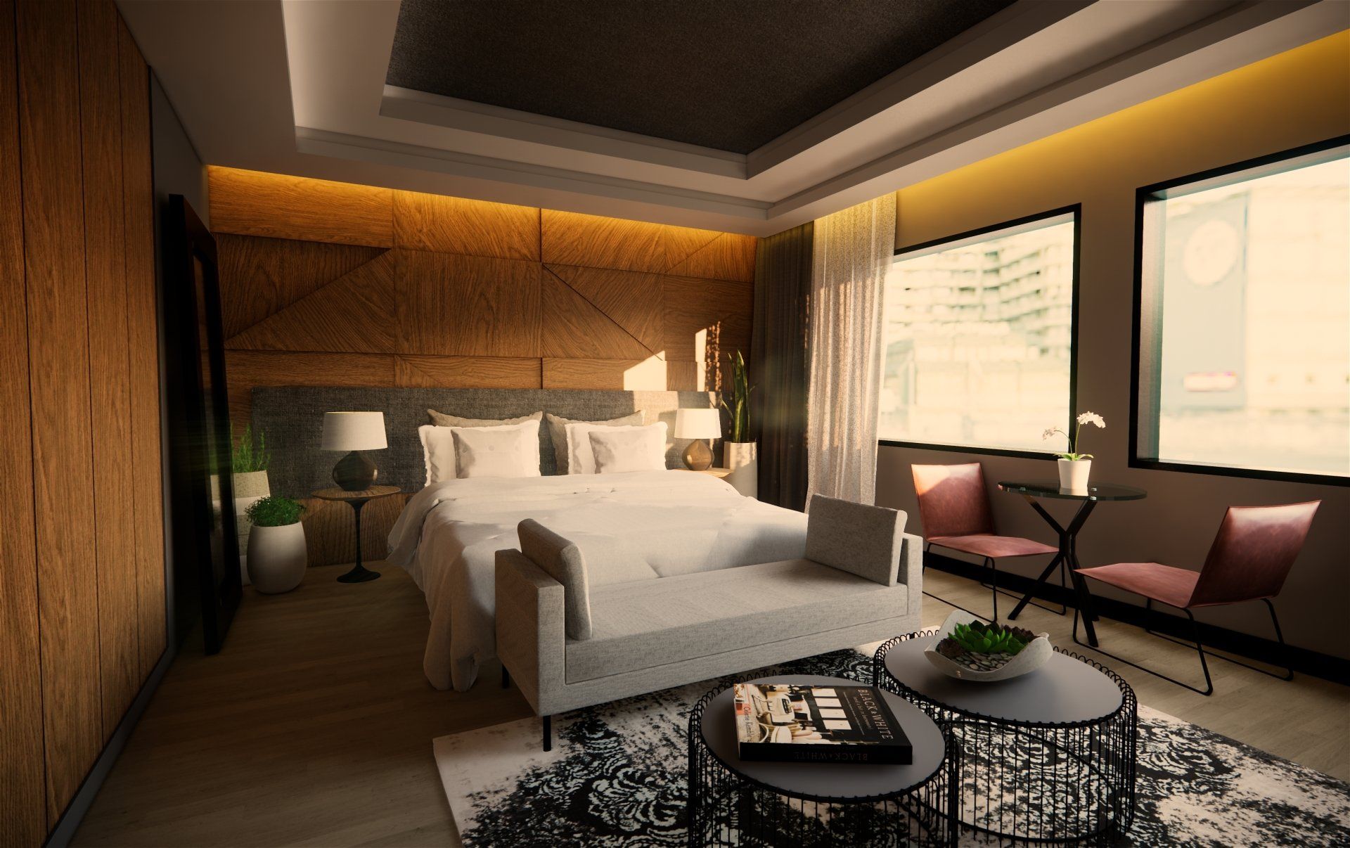 Un dormitorio con una cama grande y un sofá.