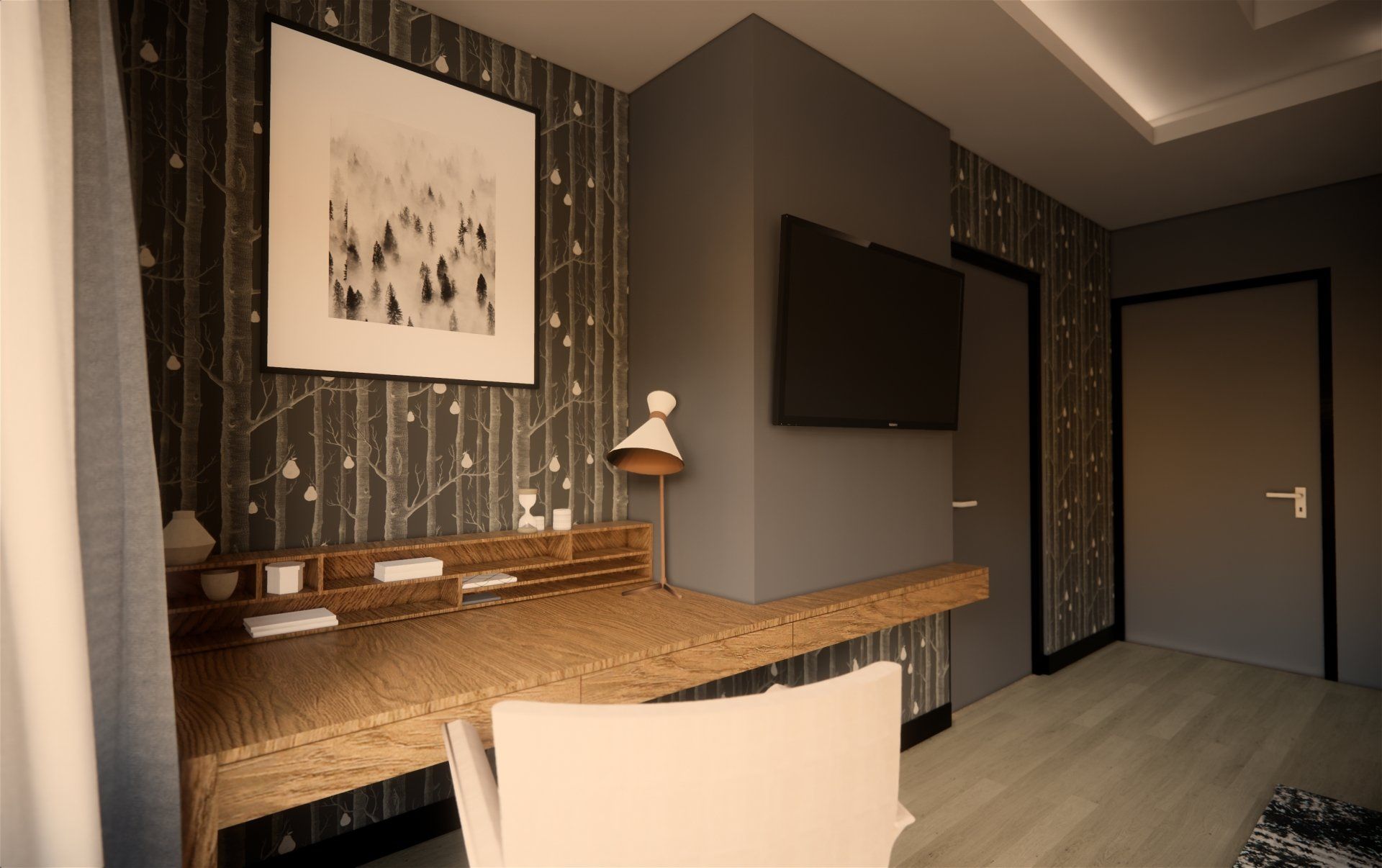 Una habitación con un escritorio, una silla, una televisión y un cuadro en la pared.