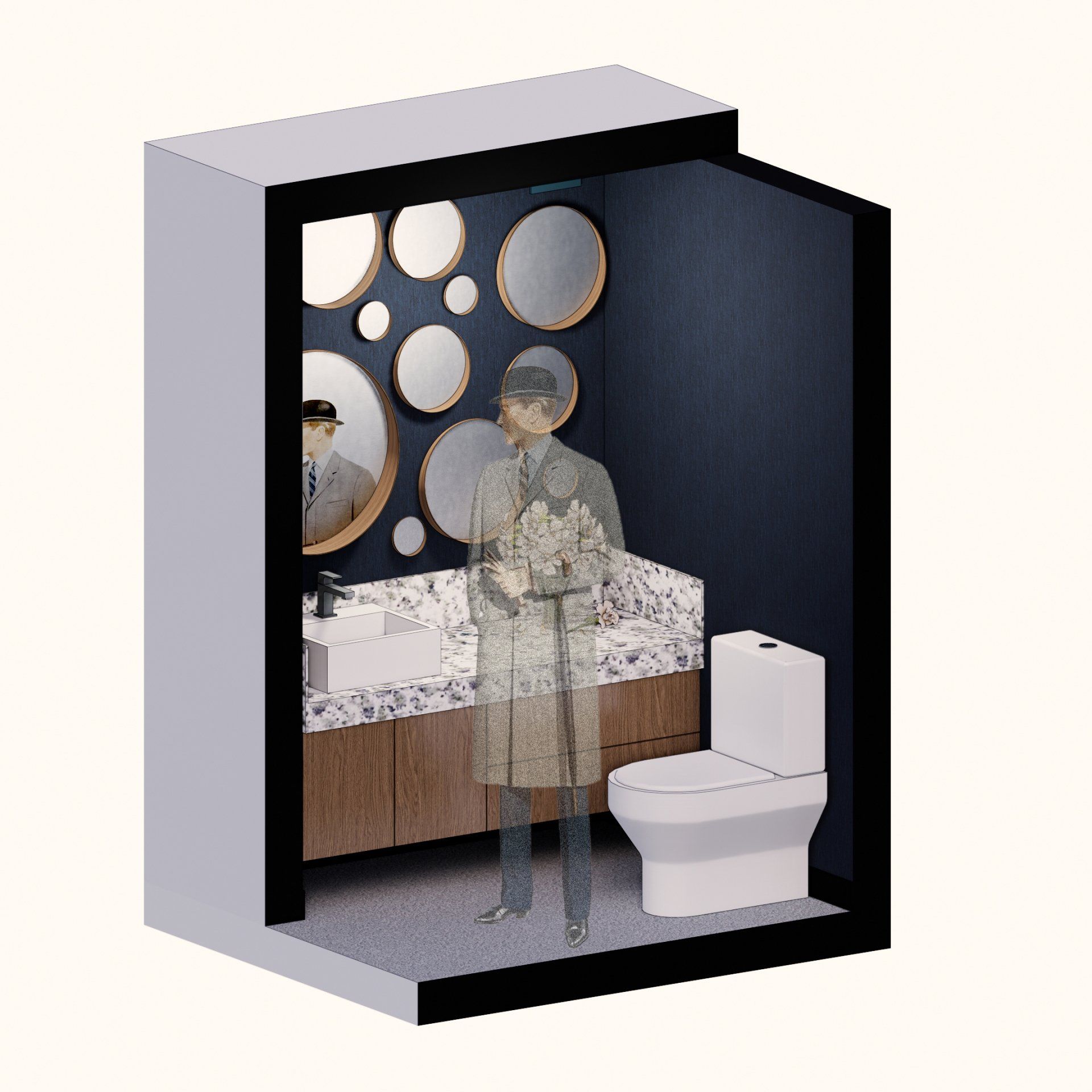 Un hombre está de pie en un baño al lado de un inodoro y un lavabo.