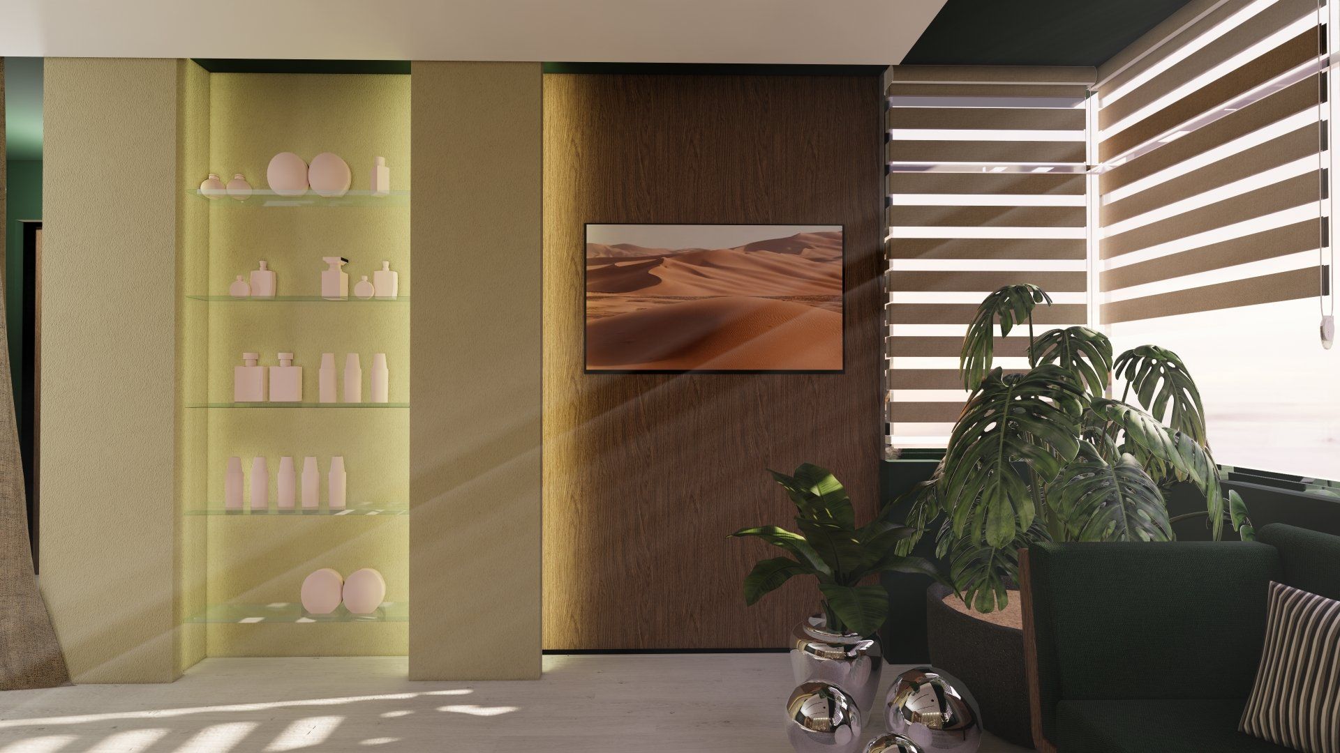 Una sala de estar con un sofá y un cuadro en la pared.