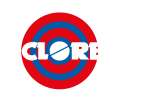 Logotipo de CLORI con círculos concéntricos rojos y azules y texto blanco.