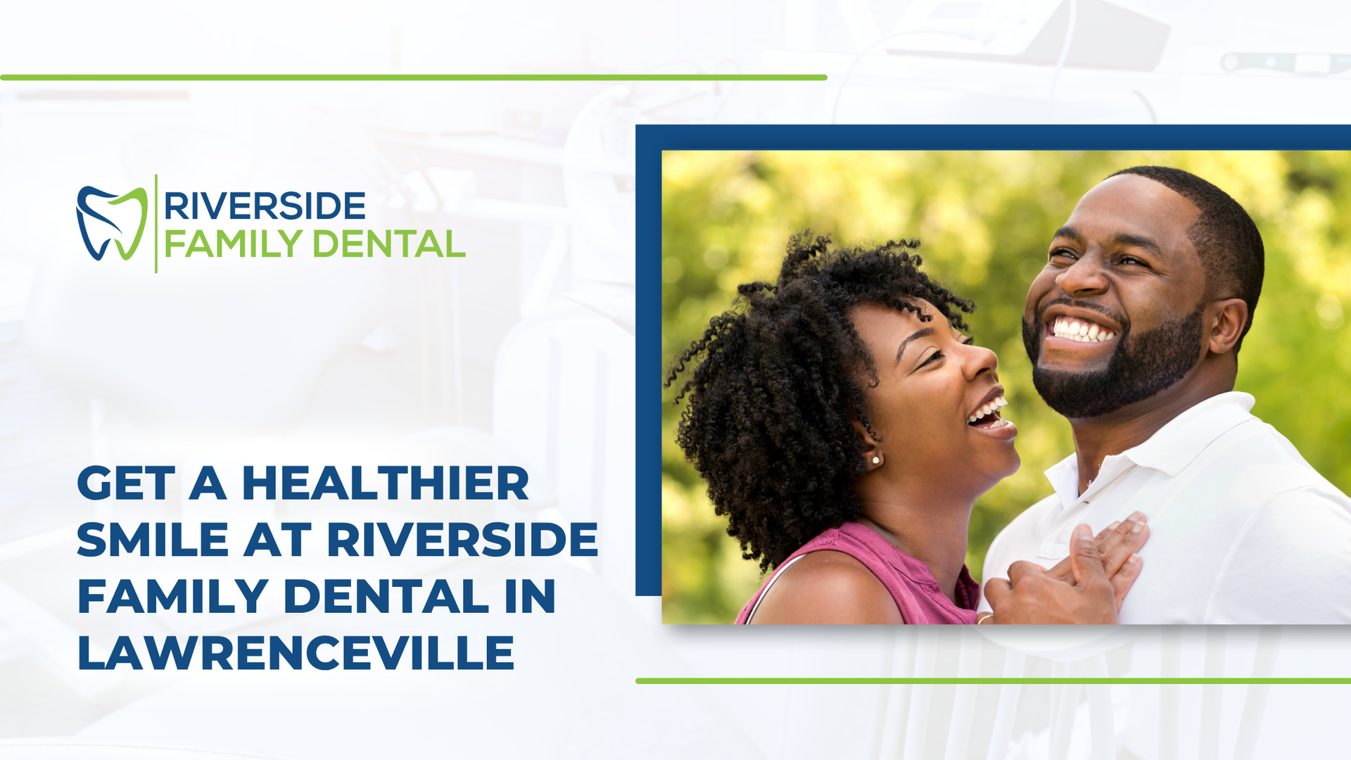 A man and a woman are laughing together at riverside family dental in lawrenceville.