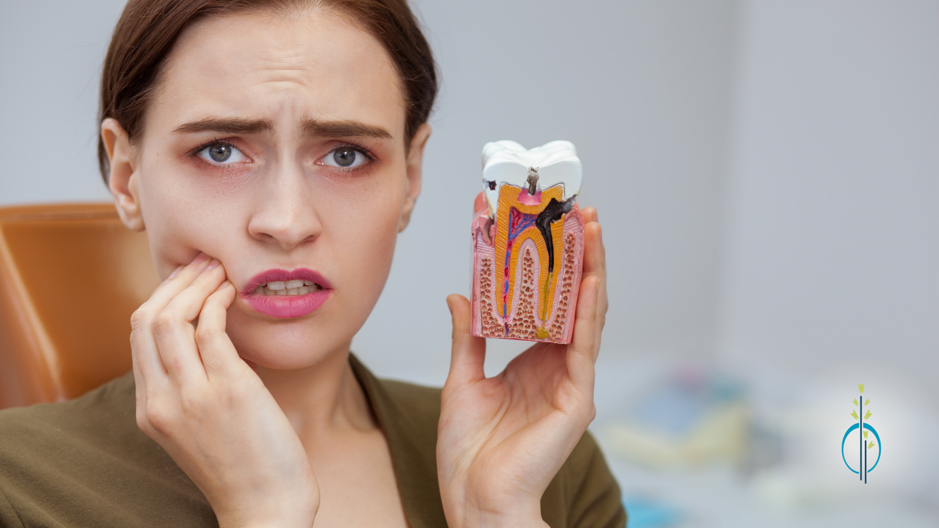 A woman is holding a model of a tooth with a hole in it.