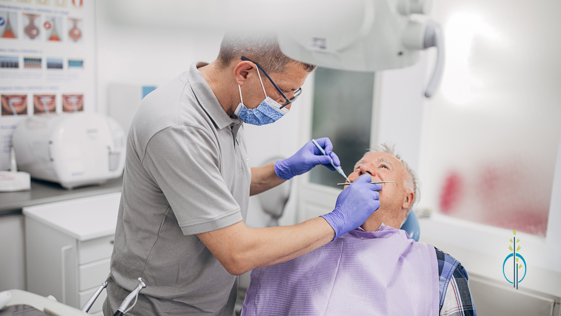 A dentist is examining a patient 's teeth in a dental office.