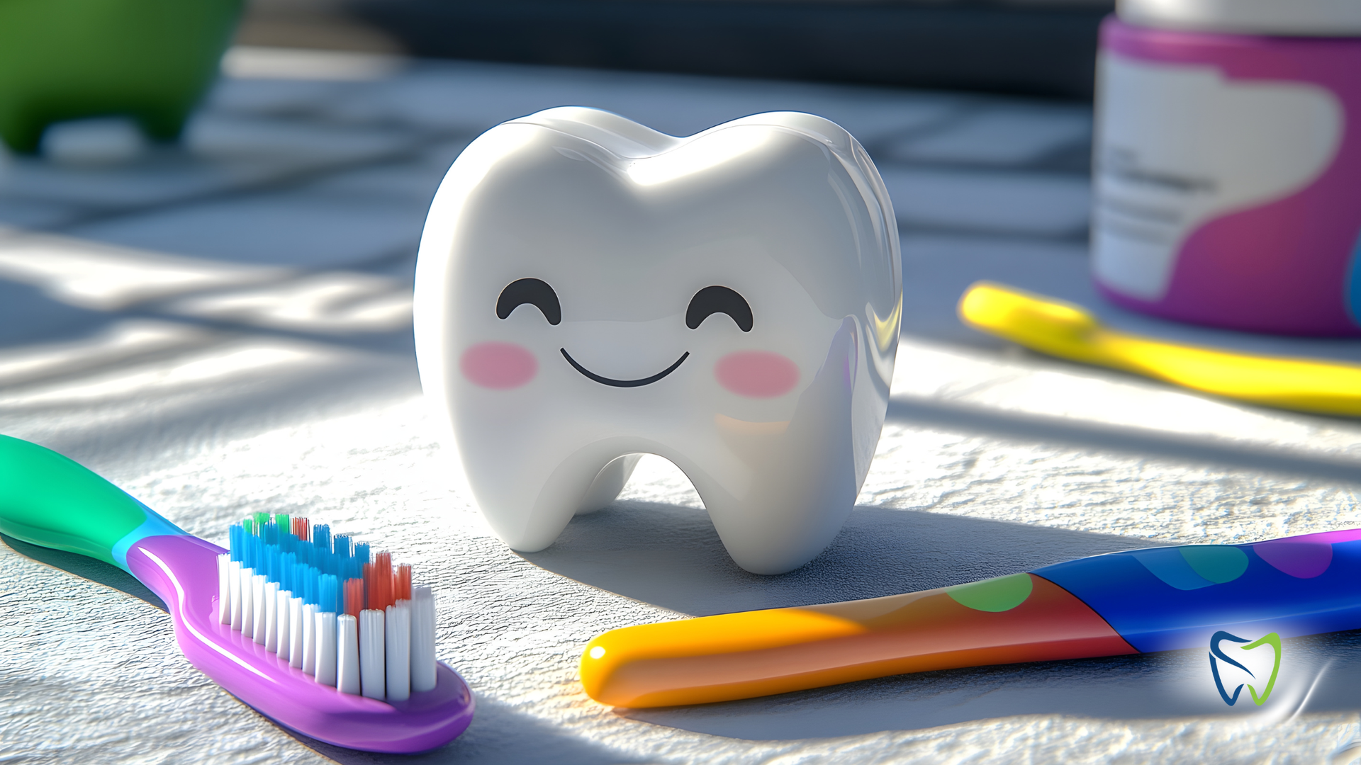 Smiling cartoon tooth with pink cheeks, surrounded by toothbrushes and dental products.