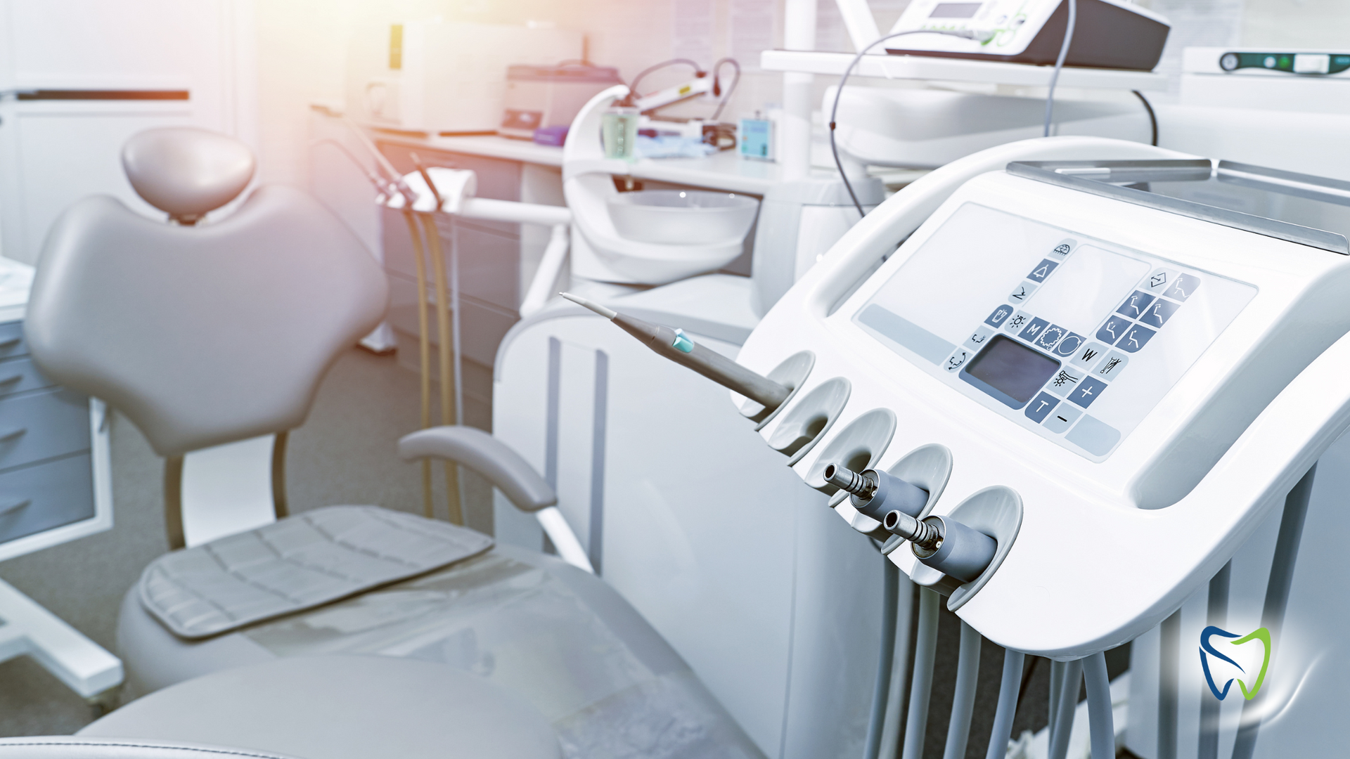 A dental office with a dental chair and dental equipment.