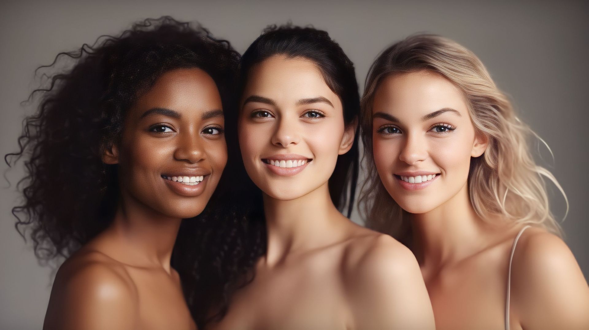 Three beautiful women of different races are posing for a picture together.