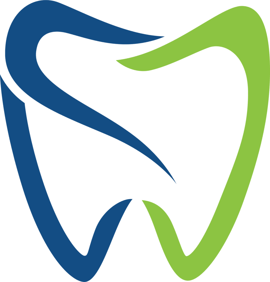 A blue and green tooth on a white background