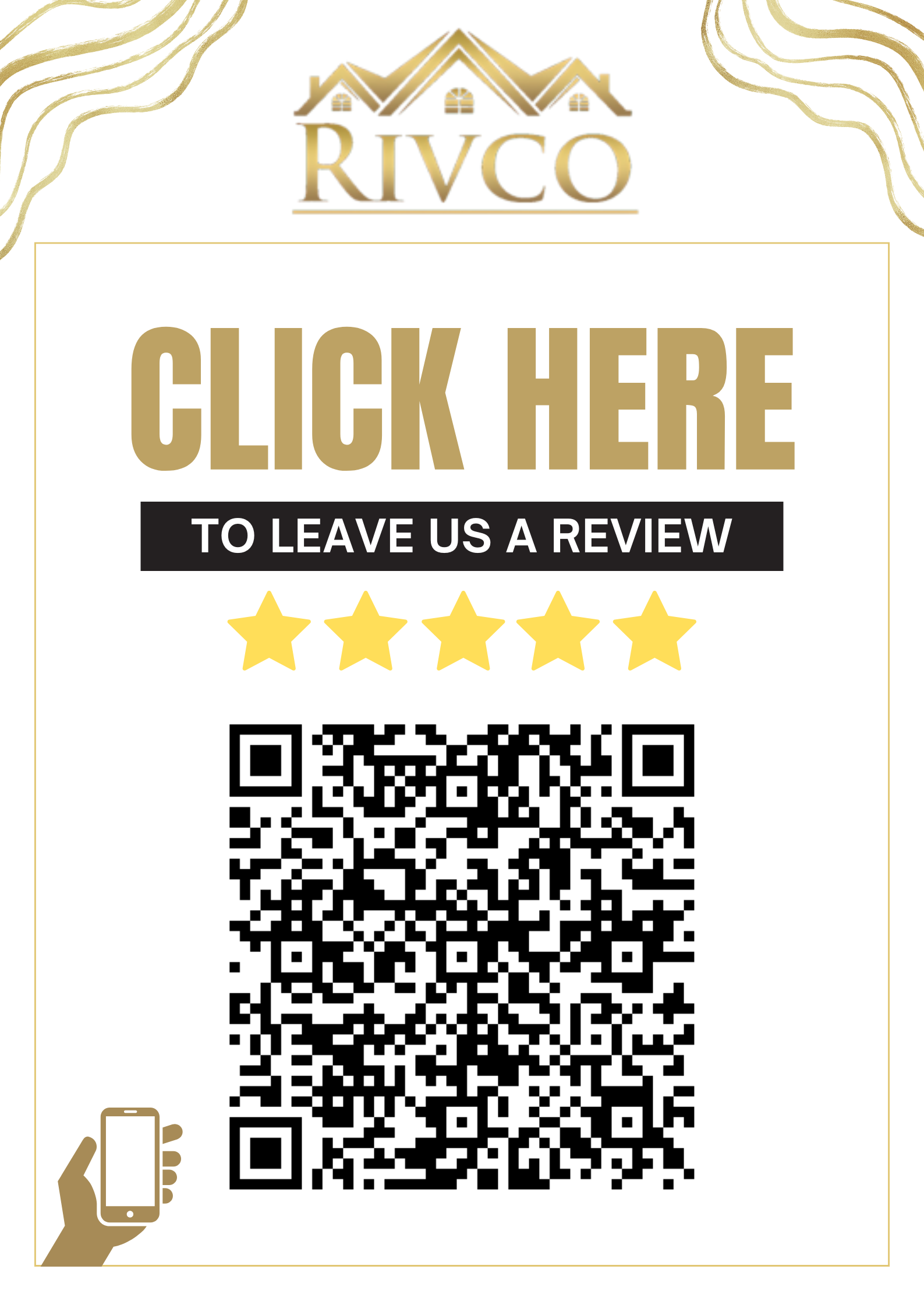Sign with QR code, gold and black text: 