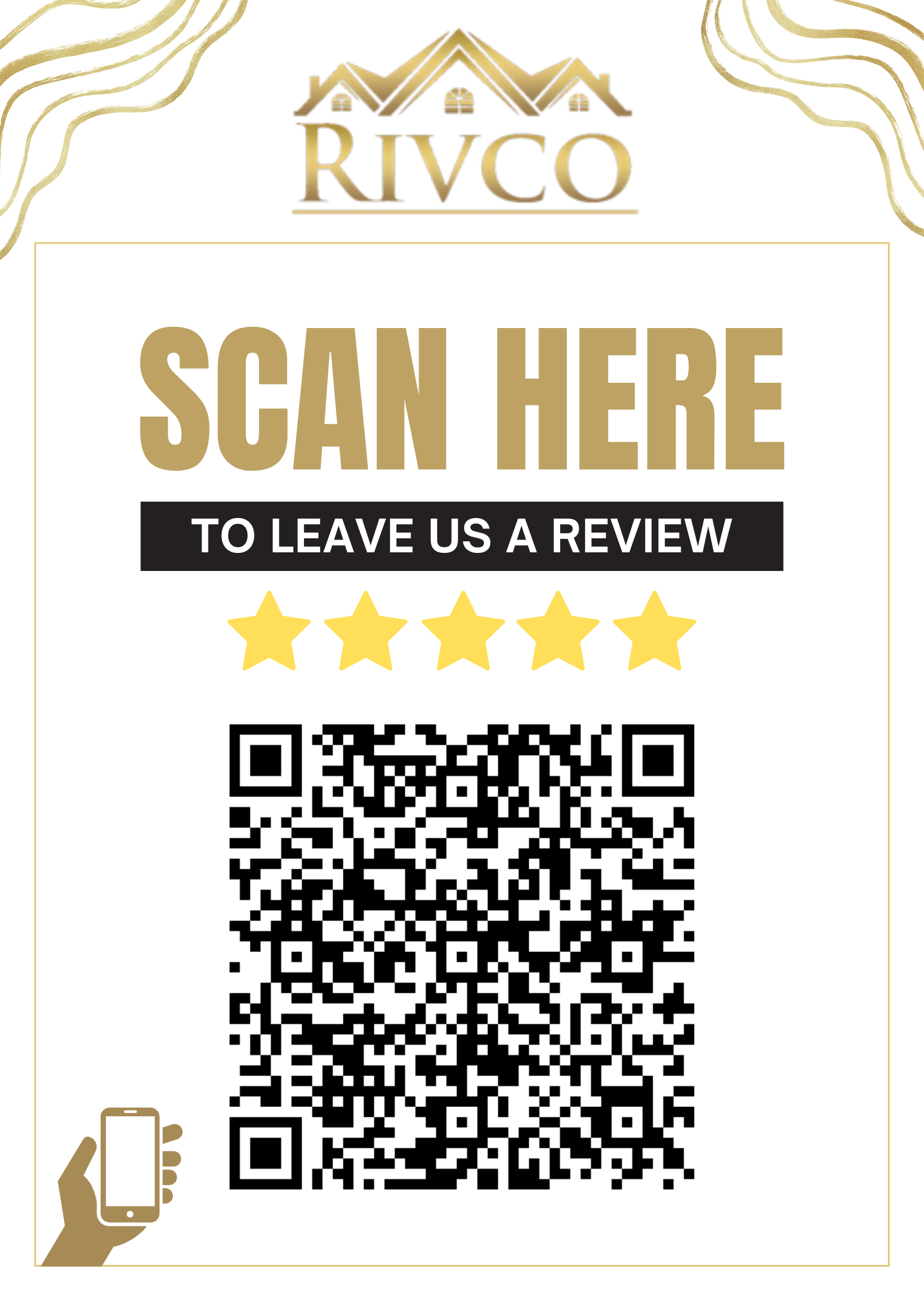 Sign with QR code, gold and black text: 