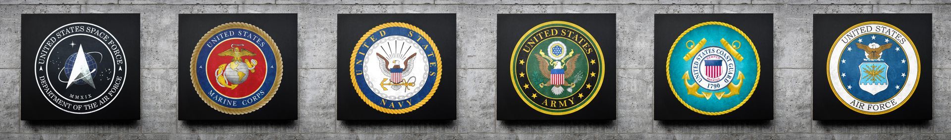 Seven framed emblems of the U.S. Armed Forces, representing the Space Force, Marine Corps, Navy, Army, Coast Guard, and Air Force.