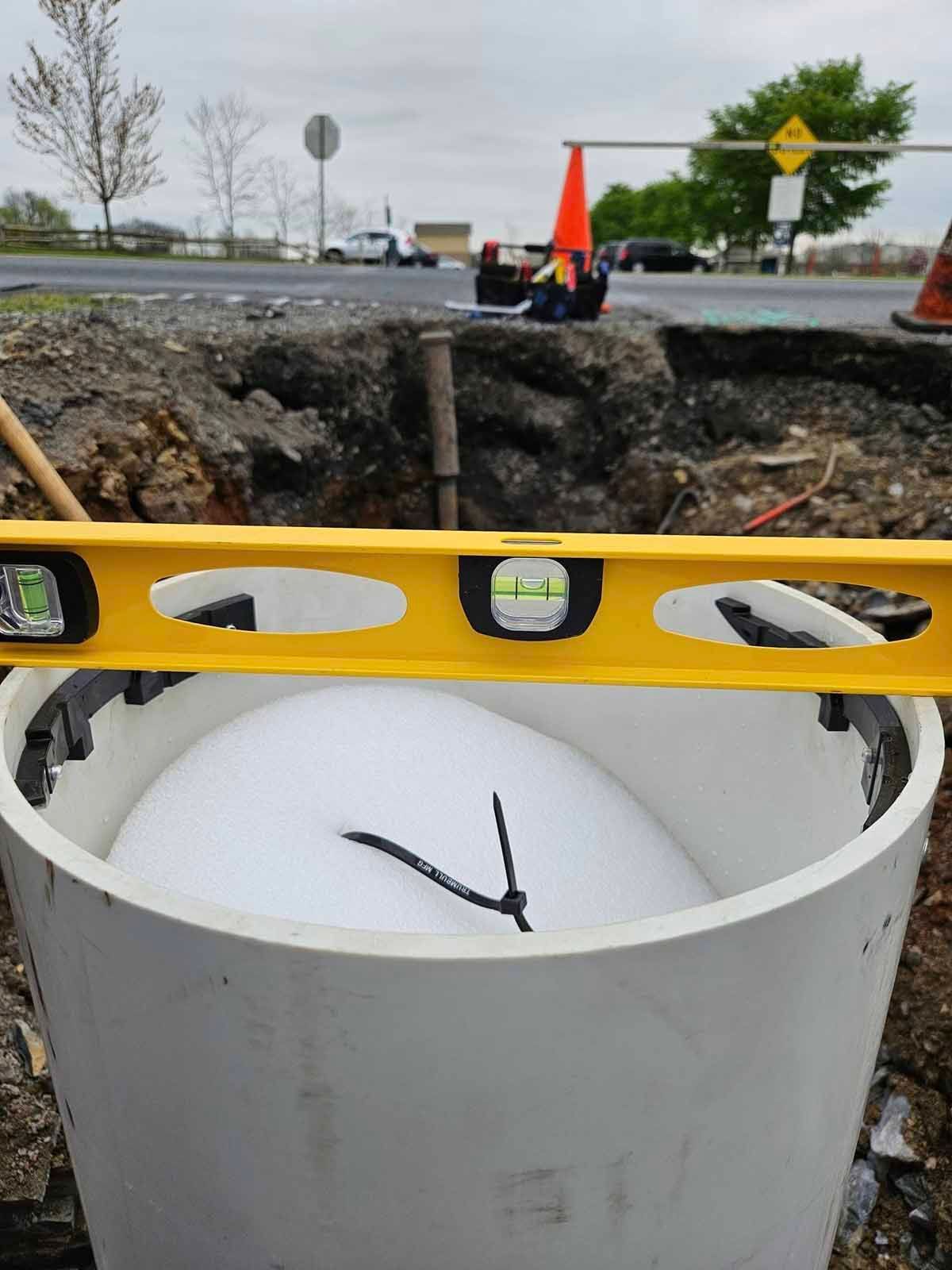 A yellow level is sitting on top of a white container