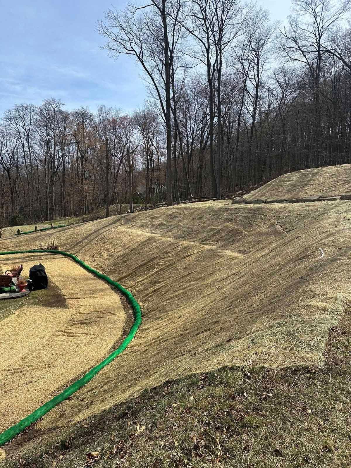 A green hose is going down a hill in a field.