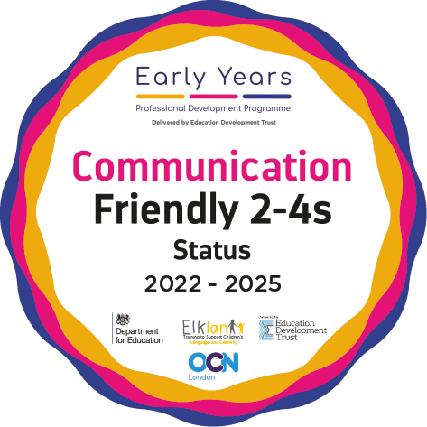 A sticker that says early years communication friendly 2-4s status 2022-2025