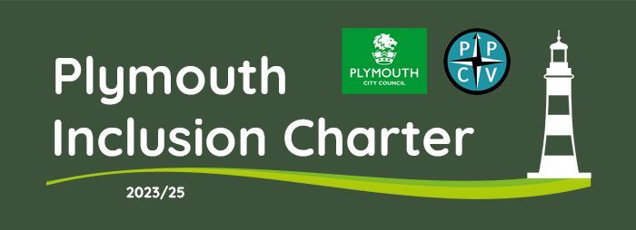 A plymouth inclusion charter logo with a lighthouse on a green background
