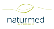 Logo for Naturmed by Cristina D. Features a green leaf design above the blue text 