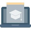 Laptop screen displaying a graduation cap icon, representing online education.