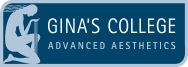Logo for Gina's College, Advanced Aesthetics. Silhouette of figure and text on a blue background.