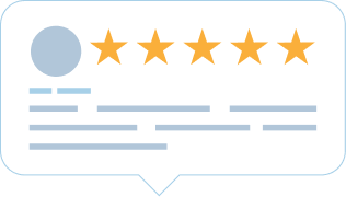 Review bubble with a profile icon, five gold stars, and placeholder text.