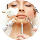 Woman receiving facial treatments: brush, applicator, rollers, and syringe near face.