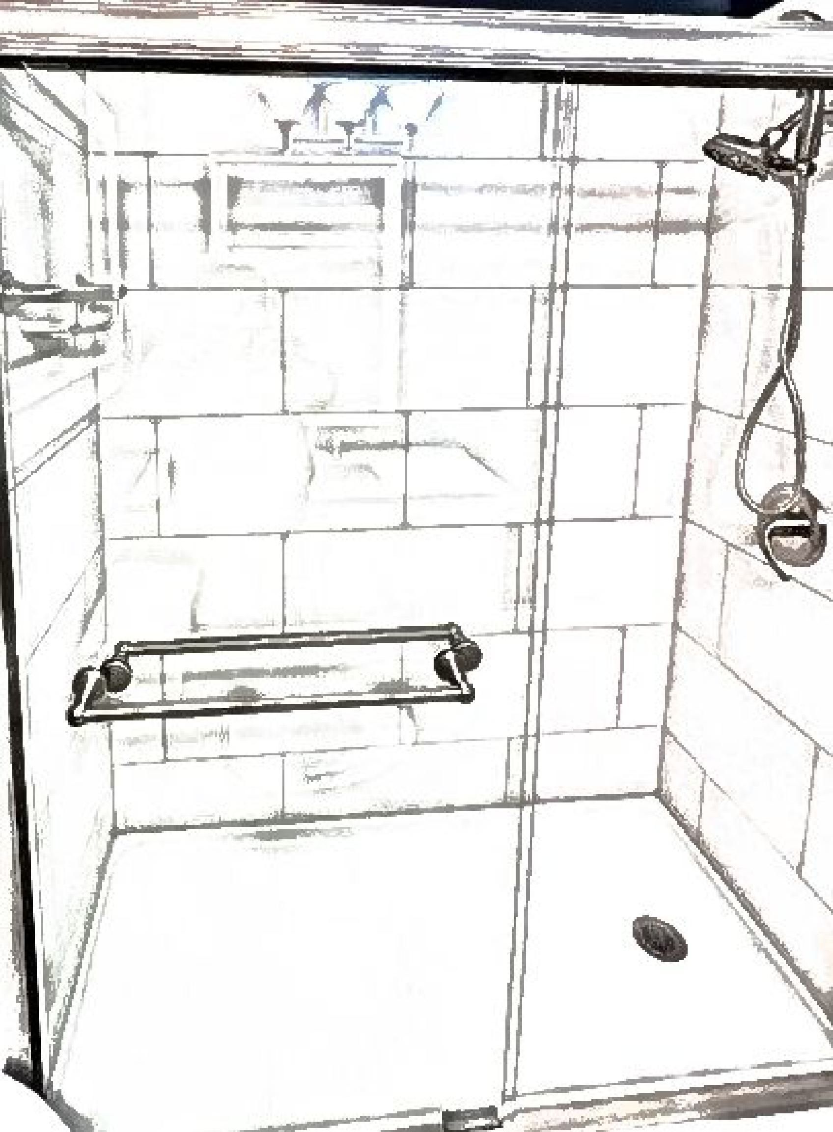 A black and white drawing of a shower stall with sliding glass doors.