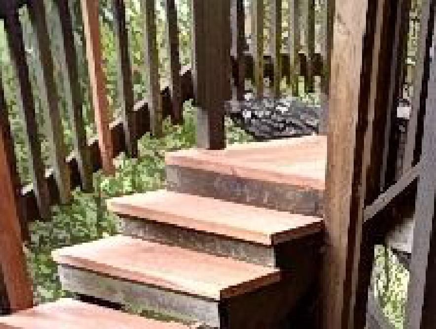 A set of wooden stairs leading up to a wooden deck.