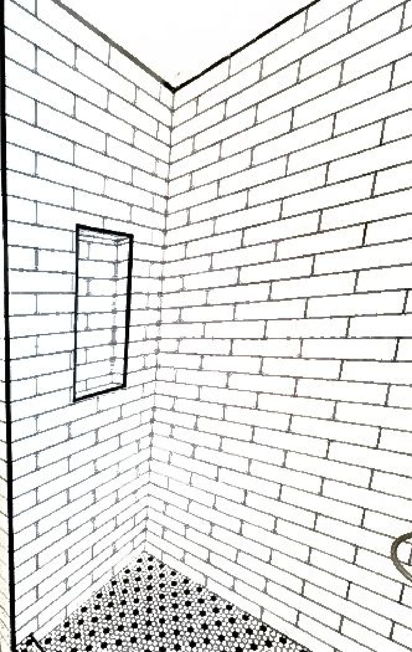 A black and white drawing of a bathroom with a brick wall and a tiled floor.