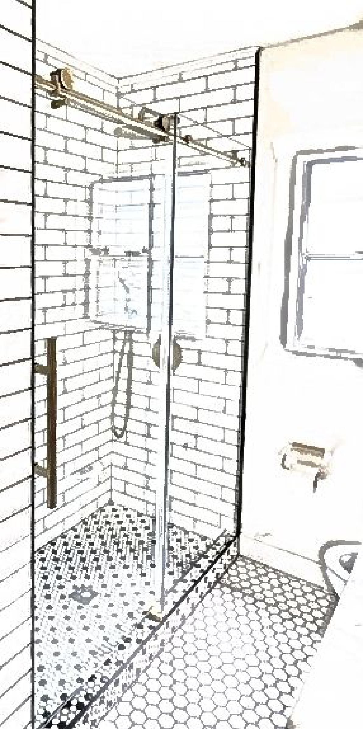 A black and white drawing of a bathroom with a sliding glass shower door.