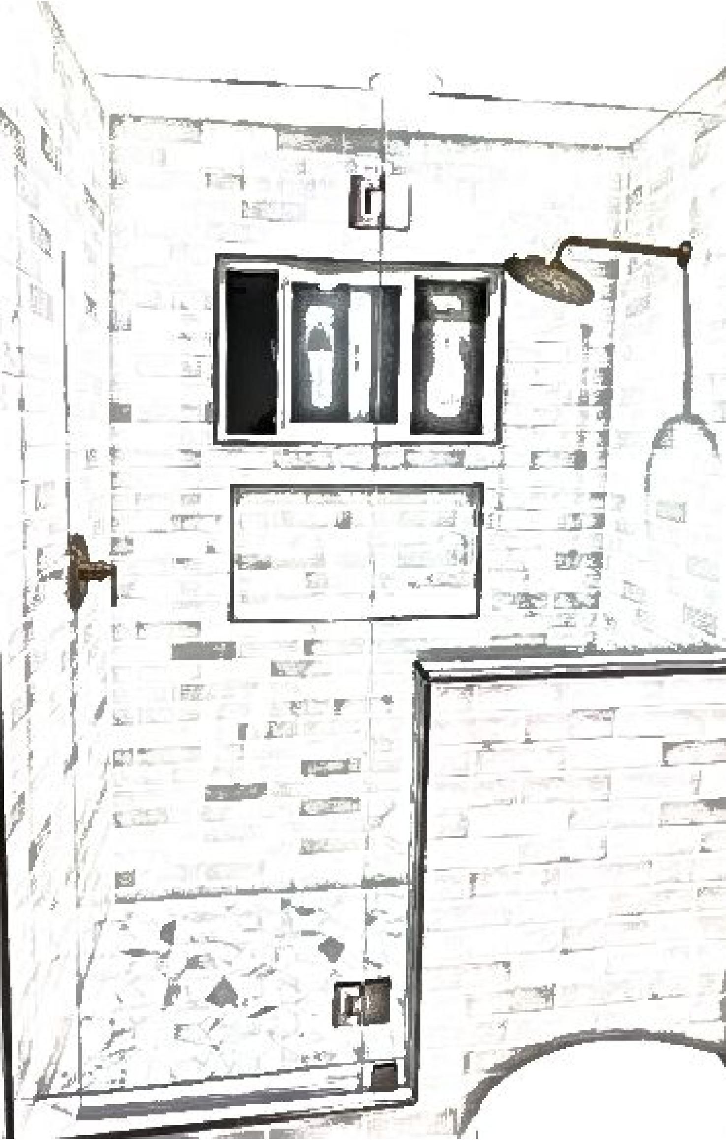 A black and white drawing of a bathroom with a shower.