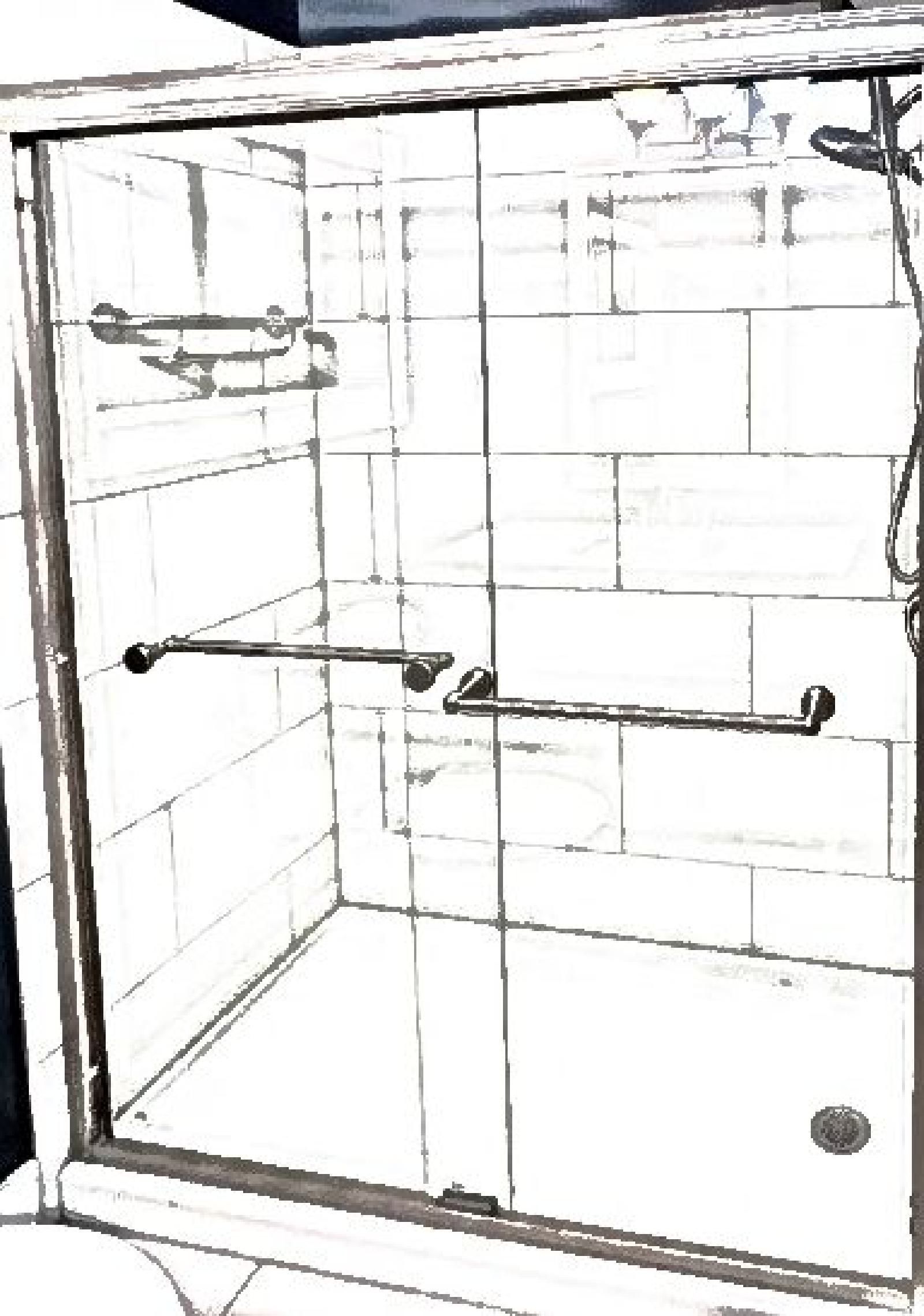 A black and white drawing of a shower with a glass door and handles.
