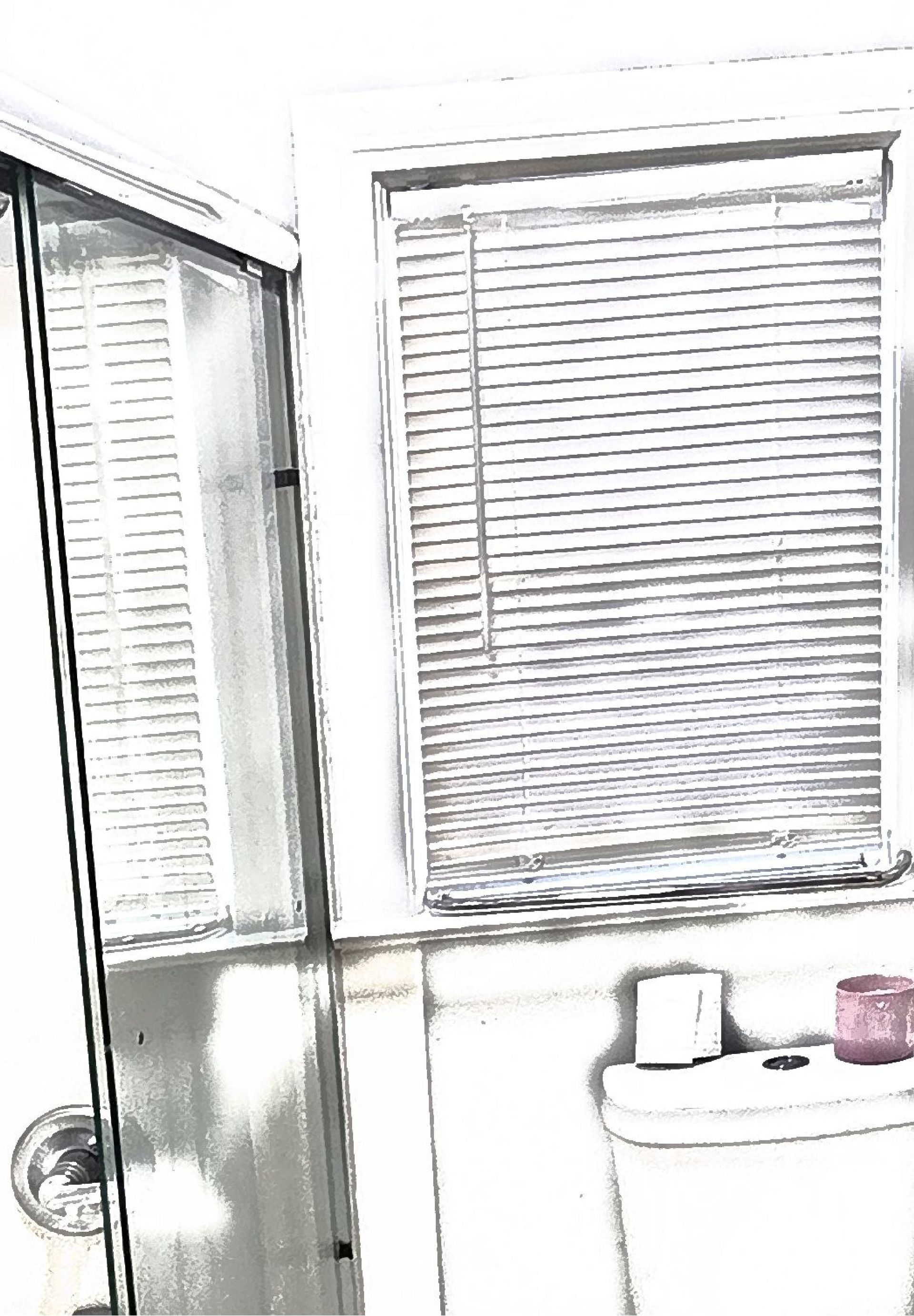 A black and white drawing of a bathroom with a toilet and a window.