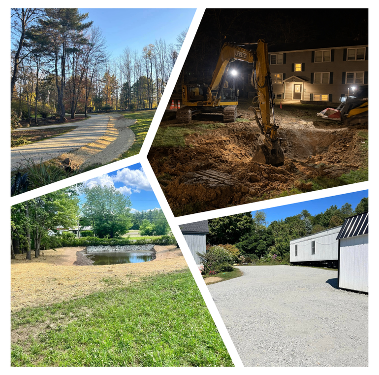 Collage of outdoor construction: A dirt path, excavator digging at night, pond, and gravel parking area.